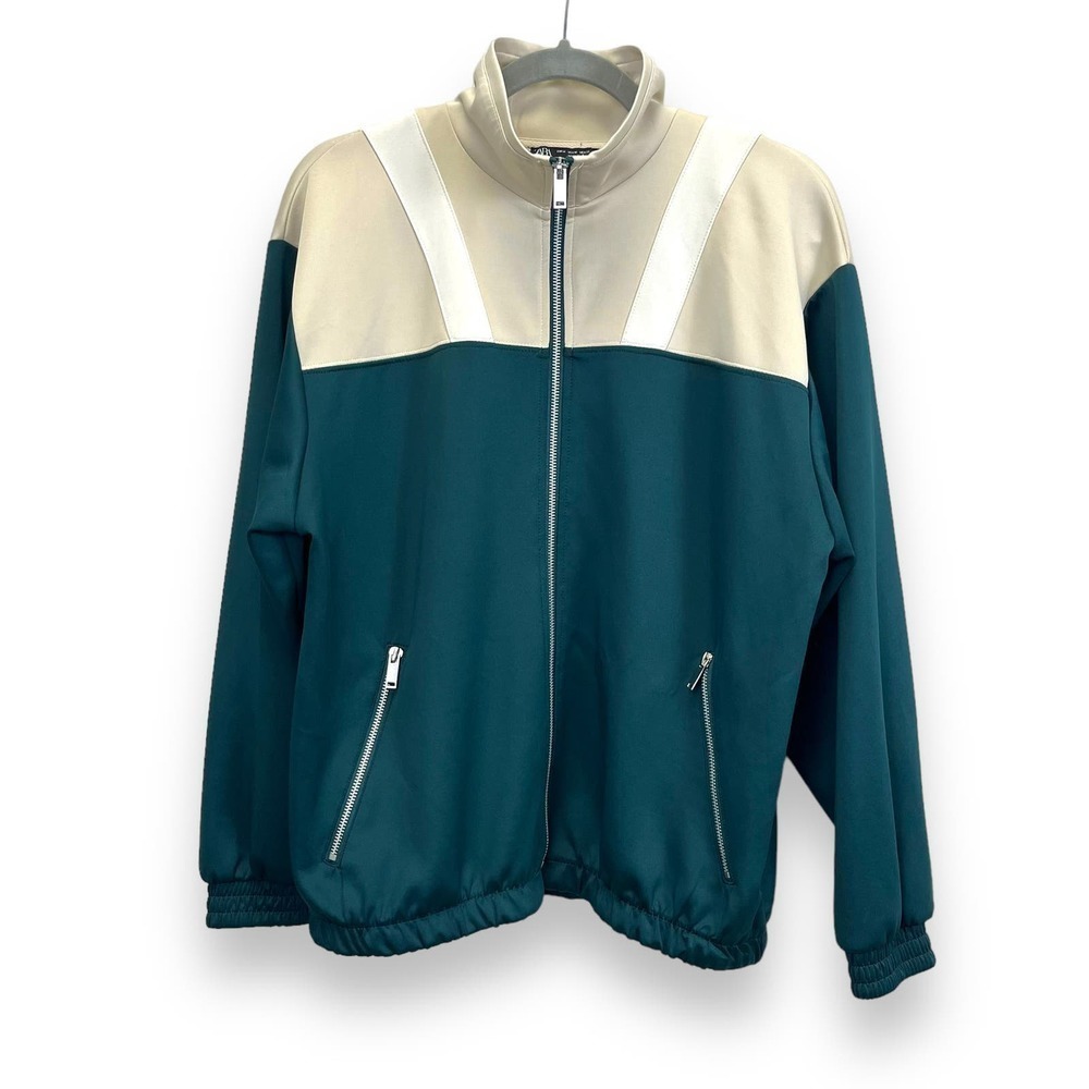 Zara Track Jacket Mens Medium Green Tan Retro Sport Varsity Ladcore Blokecore